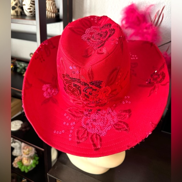 Red Sequined Rose Embroidered Cowboy Hat - Picture 5 of 11